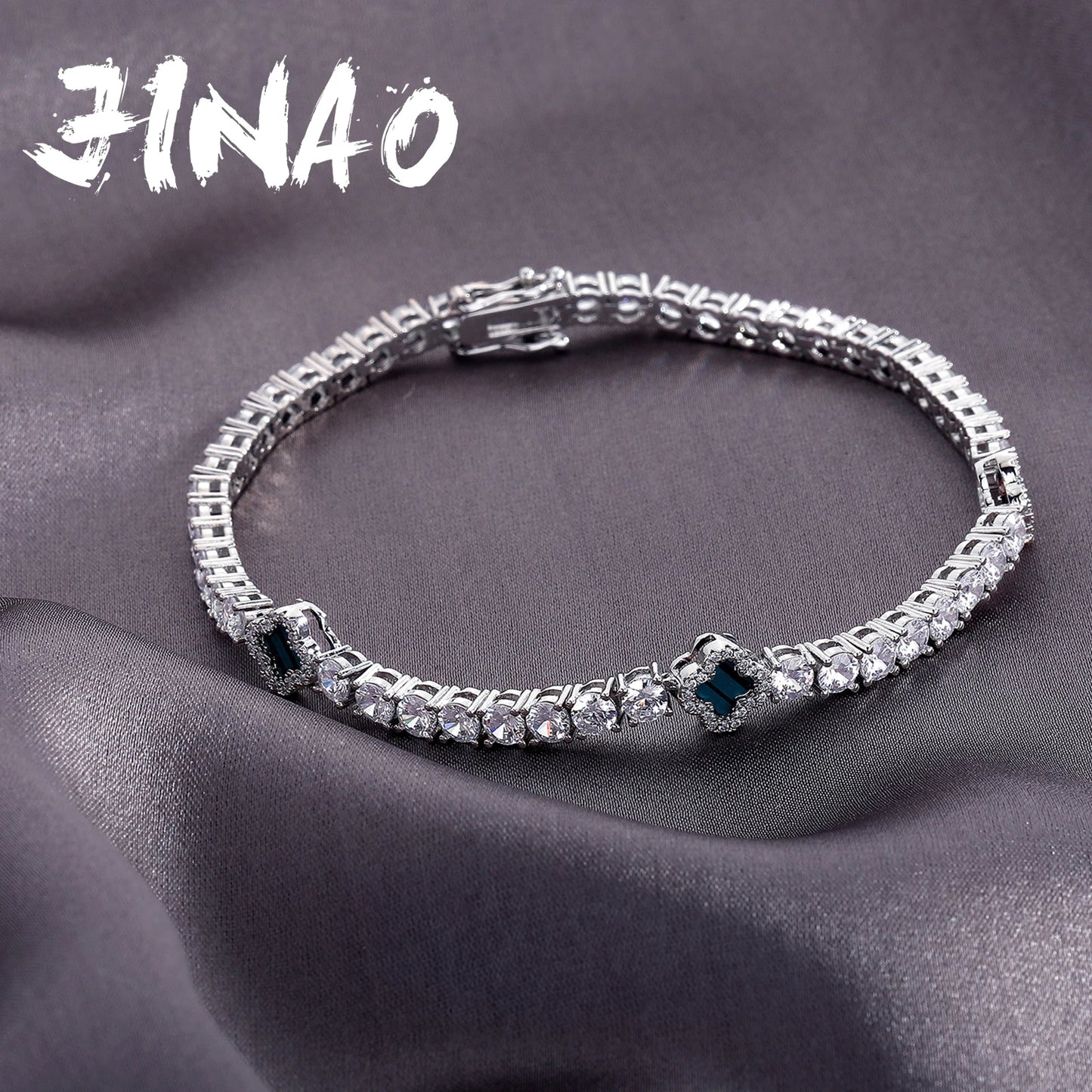 JINAO New Hip Hop Four Leaf Clover Full Iced Out luxury Fashion 4mm Tennis Chain Necklace & Bracelet Set Charm Jeweley For Women